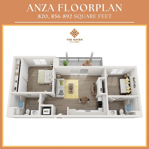 Floor plan for 2 beds, 2 baths, 892 sqft